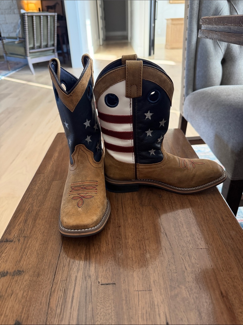 Kids American Flag Western Cowboy Boots - Tan and Navy
